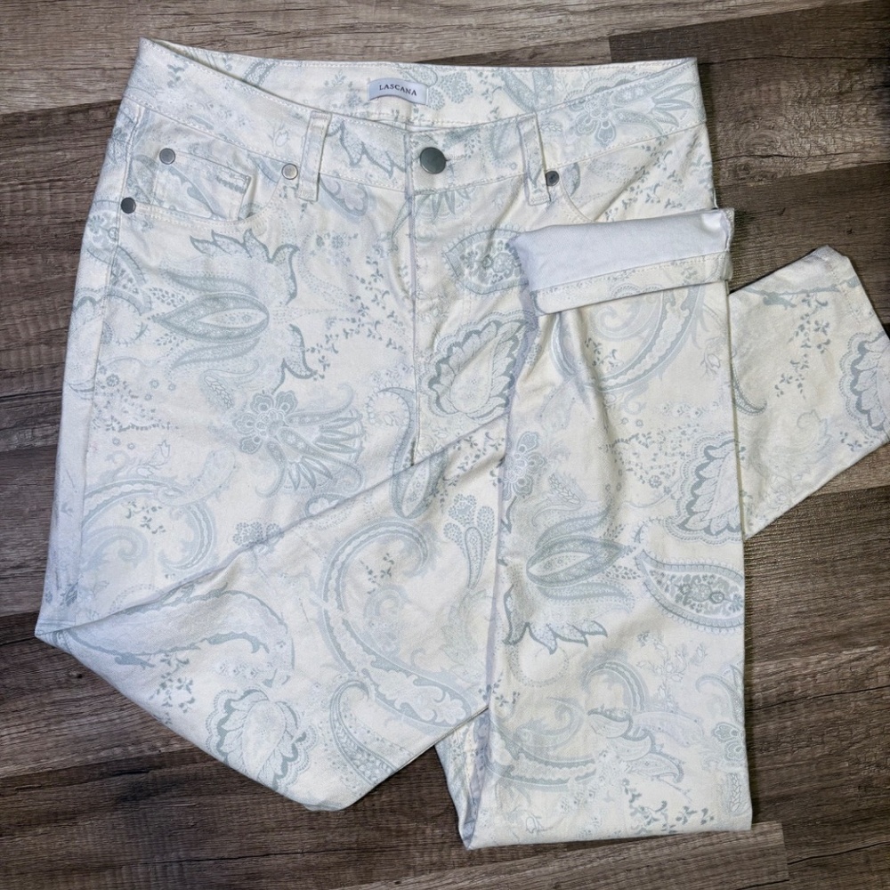 LASCANA Paisley Print Skinny Jeans White & Blue Stretch Denim Size 4 / EU 36 - Picture 2 of 6